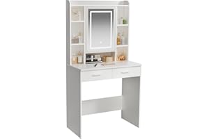 Vanity Desk, 80cm Wide Small Makeup Table with Mirror and Adjustable Lights, 2 Drawers