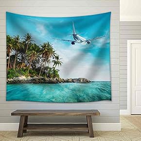 Airplane Flying Over Amazing Ocean Landscape with Tropical Island. Thailand Travel Destinations - Fabric Wall Tapestry Home Decor - 51x60 inches