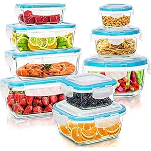 KICHLY – Glazen voedselopslagcontainer – 18 Stuks (9 Containers en 9 Transparante Deksels) – Vaatwasmachinebestendig…
