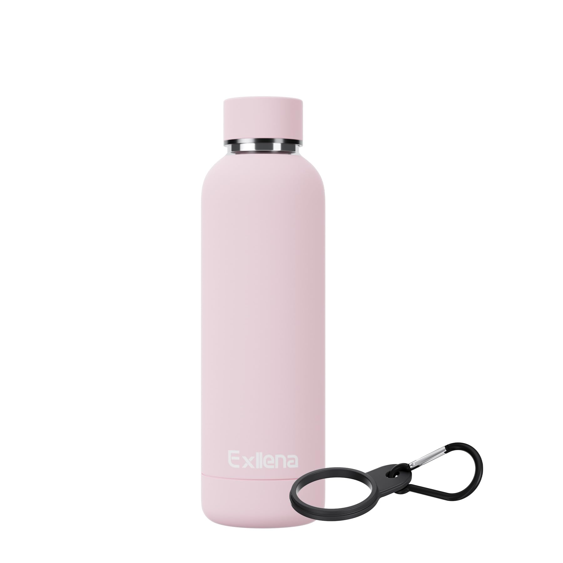 Exllena Insulated Water Bottles 500ml with Clip, Double Wall Vacuum Drinks Bottle Keeps Drinks Cold 24 Hrs/Hot 12 Hrs, Stainless Steel Water Bottle BPA Free (Pink)