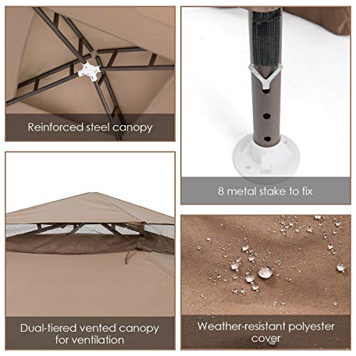 FDInspiration Coffee 10x 10 FT Patio Gazebo Tent Shelter Outdoor Canopy Shelter Party Sun Shade w/Mosquito Netting with Ebook - Thumbnail 5