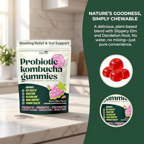 Fibetrue Women’s Probiotic Kombucha Gummies for Gut Health & pH Balance – Prebiotic, Probiotic & Fibre Supplement– Digestive & Immune Support –Slippery Elm,Dandelion Root – 60 Gummies