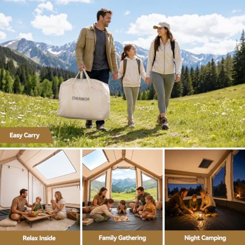 CHERIMOR Inflatable Tent with Skylight, Auto Inflation Pump, 4-6 Person, 445 FT³ Interior, Double-Layer Waterproof Oxford, Hot Tent with Stove Jack, Quick Setup Blow Up Tent for Camping & Hiking