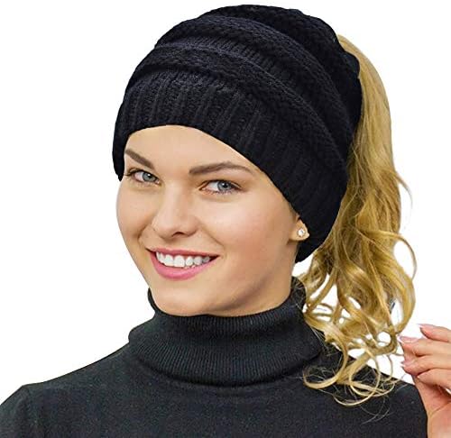 Ponytail Beanie for Women,Winter Warm Beanie Tail Soft Stretch Cable Knit Messy High Bun Hat