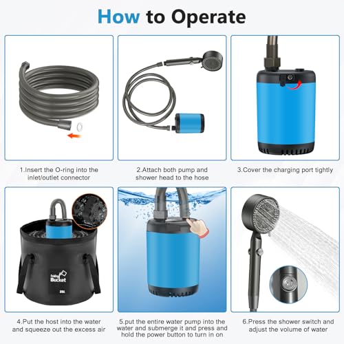 Portable Camping Outdoor Shower, 10000mAH Rechargeable Electric Pump 5 gal Collapsible Bucket Intelligent Digital Display 5 Shower Modes IPX8 Waterproof for Hiking, Travel, Pet Bath, Beach, RV