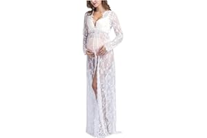 Maternity Photography Dress V Neck Lace Long Sleeve Maternity Maxi Dress for Pregnant Women, White M
