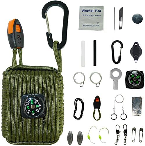 The Bobcats 26 Attachments Survival Kit Wrapped in Survival Grenade with 550lb Paracord For Outdoor Emergency (Army Green)