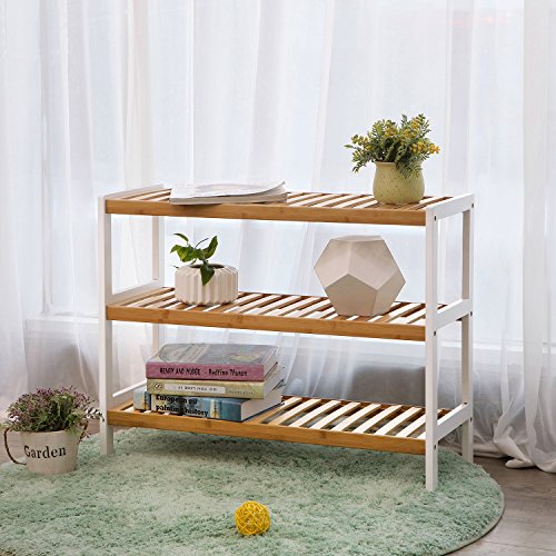 SONGMICS Bamboo Shoe Rack with 3-Level Bathroom Shelving Unit W x H x D: Shoe Cabinet for 12 Pairs 70 x 55 x 26 cm Shoe Rack