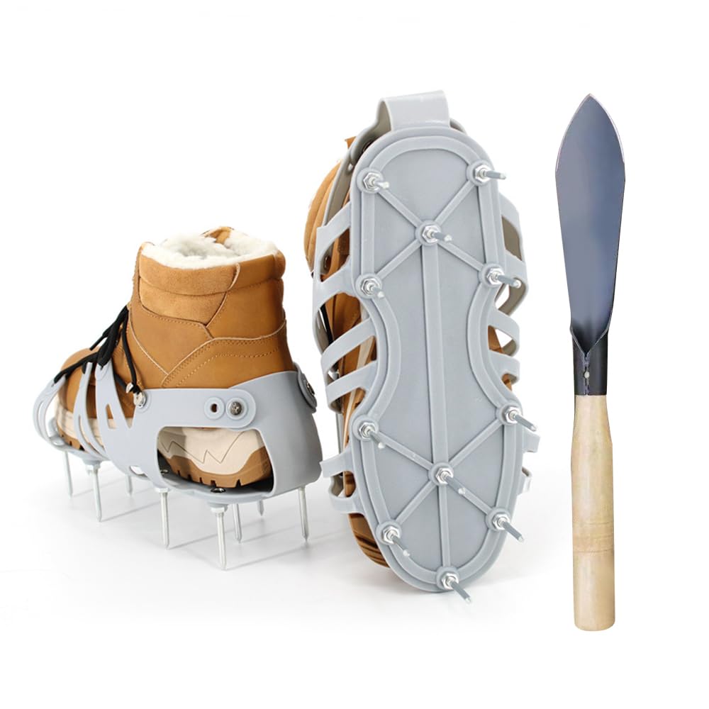 YANGUN Lawn Aerator Shoes with Stainless Steel Shovel, Heavy Duty Spiked Aerating Sandals with Hook & Loop Straps, Free-Installation Aerating Shoes, Aerator Spiked Shoes