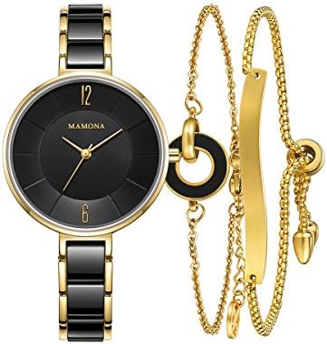 Ladies Quartz Watch Women bracelet set-MAMONA Gold Black Ceramic and Stainless Steel Watch Set 3887LBKT