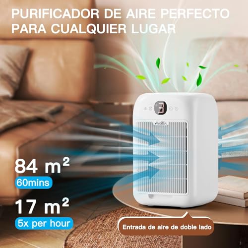 Aircillin Purificador de Aire HEPA H13 para Hogar, Elimina 99.9% de Polvo, Humo y Alérgenos, Ultra Silencioso, Filtro 3 en 1 con Carbón Activado, Aromaterapia, para Recámara, Oficina y Mascotas