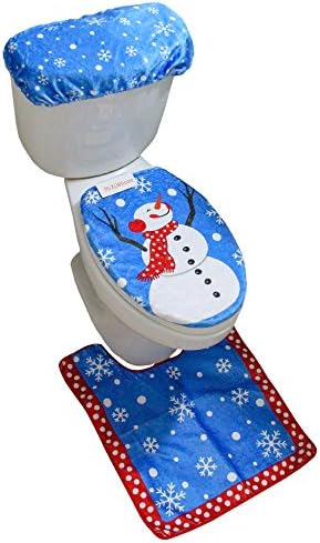 MrXLWhome Snowman Toilet Seat Cover Rug Set of 3, Bathroom Blue Christmas Holiday Decorations