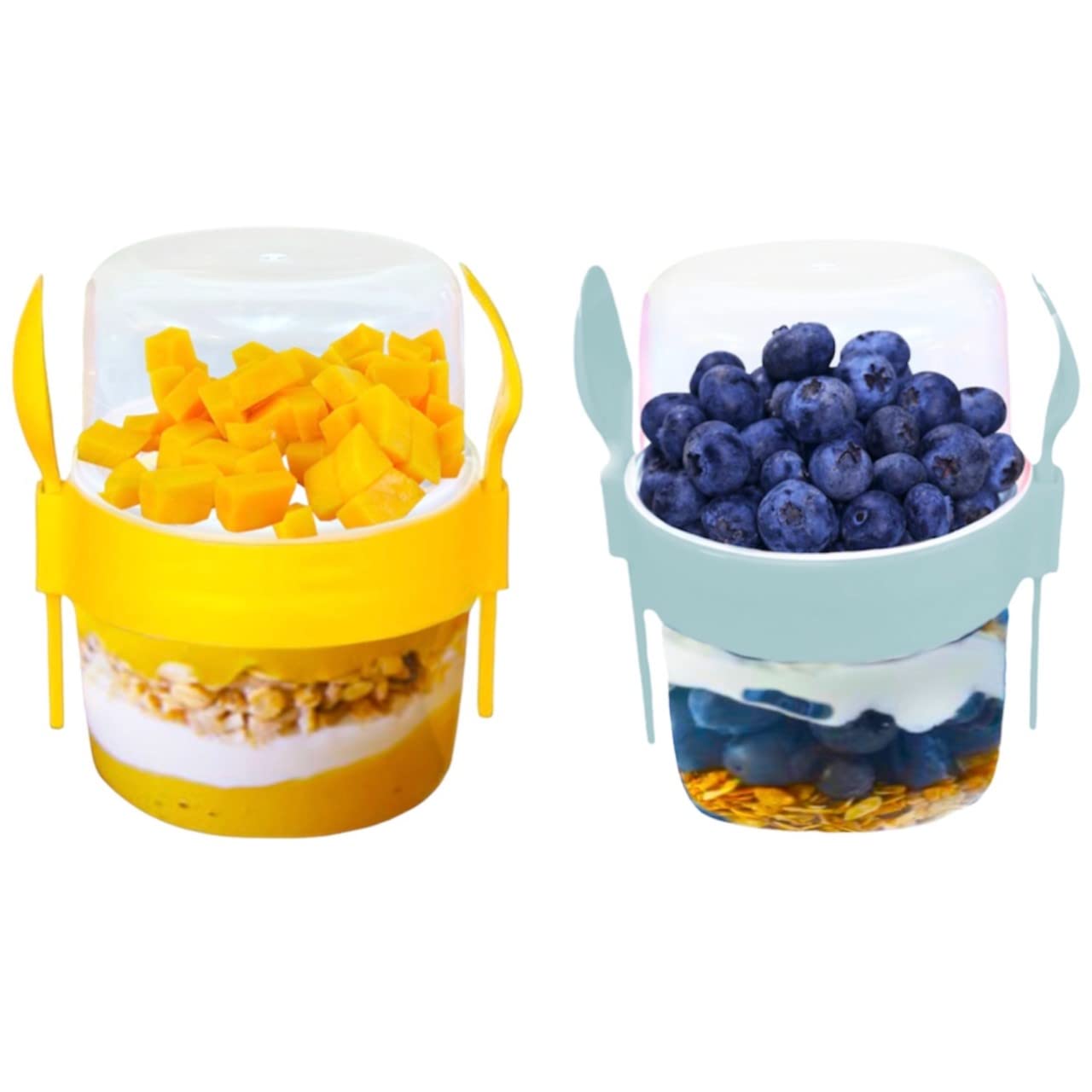 VL 2PCs Yogurt Pots Reusable 500ml Yoghurt Container with Spoon & Fork BPA free Breakfast Pots to GO Muesli Cereal On the Go Dishwasher Safe Lunch Box Oatmeal Jars, Set of 2 (Grey, Yellow)