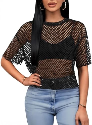 WDIRARA Women's Glitter Sheer See Through Short Sleeve Mesh Top