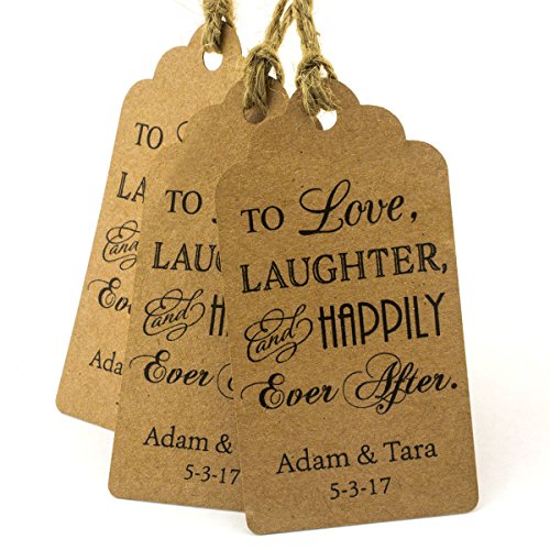 Summer-Ray 50pcs Personalized Mini Brown Kraft Love Laughter and Happily Ever After Wedding Favor Gift Tags