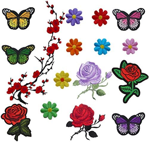 Comfun 16 Pieces Iron on Rose Patch Flower Butterfly Applique Embroidery Floral Applique Patches for Jeans, Jackets, Bags, Shoes
