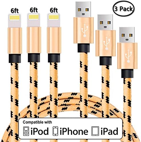 TKONG Nylon Braided Lightning Cables to USB Charging Cable for iPhone 7/7 Plus 6/6s Plus 5s/5, iPad mini / Air / Pro / iPod touch, 3 Pack (6/6/6 ft Golden)