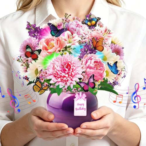 Pop Up Birthday Cards for Women with Birthday Music & Lights, Peony & Gerbera Flower Bouquet with Butterflies Design, 10 Inch Birthday Greeting Card for Mum, Wife, Sisters, Bonus Envelope & Note Card