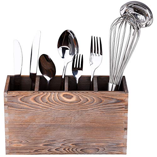 Rustic Utensil Caddy, 4 Adjustable Compartments Wooden Silverware Caddy