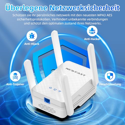NEWFAST WLAN Verstärker,3000Mbps WLAN Repeater WiFi 6 Extender mit 4 Schwenkbare Antenne,WPS,MU-MIMO,Unterstützung Repeater/Router/Ap Modus für Zuhause und Büro,1-Tippen Einrichten,Signalstabilität