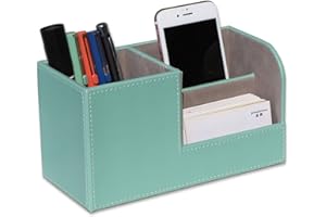 KINGFOM PU Leather Desk Organizer Pen Pencil Holder Business Name Cards Remote Control Holder (S-Mint Green)