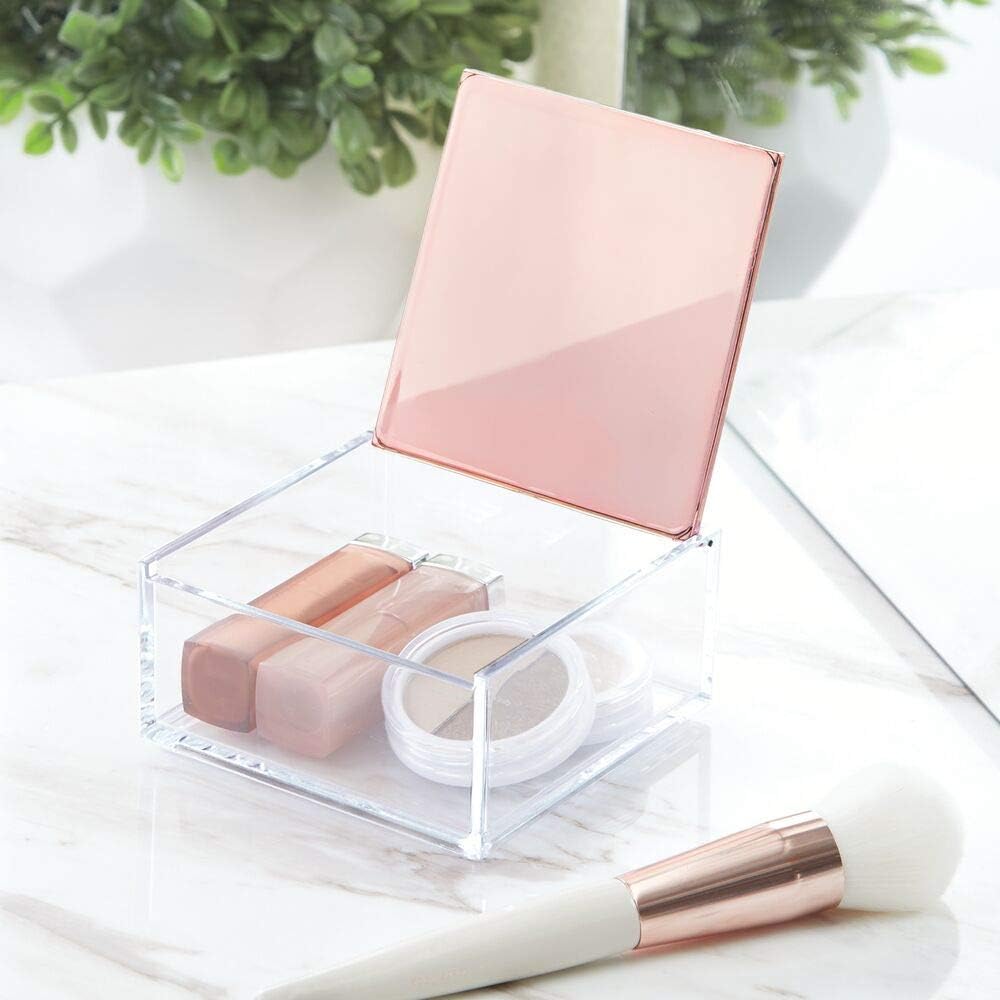 mDesign Mini Makeup Organizer Box with Decorative Lid for Bathroom Vanity Countertops, Cabinet - Store Lipstick, Lip Gloss, Blush, Concealer, Jewelry - Plastic, Clear/Rose Gold: Home & Kitchen