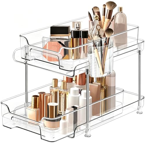 Yoawllty Under Sink Organizer, 2-Tier Bathroom Cabinet Organizer, Clear Organizers storage with Dividers and Cups, Multi-Purpose Slide-Out Storage Container for Cabinet, Fridge, Kitchen, Makeup