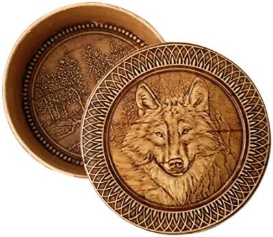 Round Decorative Trinket Birch Bark Wooden Box Animals (Wolf)