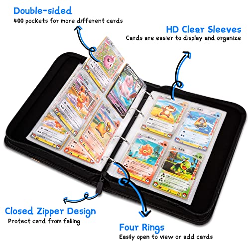 4Pocket Card Binder,Trading Card Binder with 50 Removable Sleeves Fits 400 Cards, Zipper Card