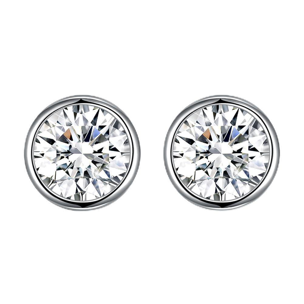 Hanie Silver Stud Earrings for Women, 925 Sterling Silver Crystal Studs Earrings, 8mm White Round Small Sleeper Earrings, Unisex Allergen-Free Jewellery for Women Men Girls Boys