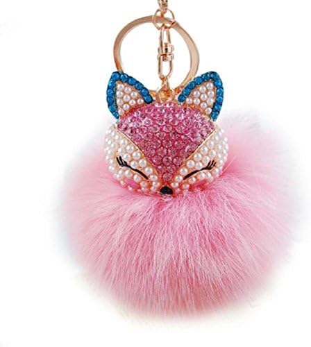 Artificial Fox Ball with Fox Head Inlay Pearl Rhinestone Key Chain (Pink )