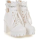 Hbeylia Women's Platform Combat Boots Fashion Lace Leather Chunky Pump Ankle Booties Leather Goth Anti Slip Lace Up High Heels Riding Short Boots For Women Bride Wedding Halloween Cosplay Party