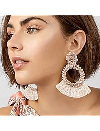 Holylove HLE130 - Pendientes colgantes hechos a mano con borlas para mujer, color blanco, con caja de regalo