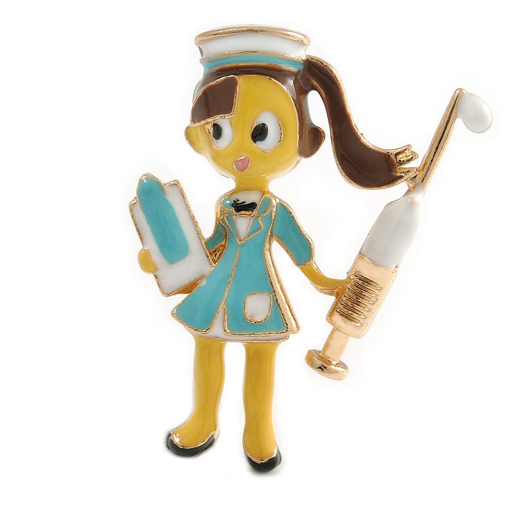 Quirky Enamel Nurse Brooch In Gold Tone (Multicoloured) - 45mm Tall