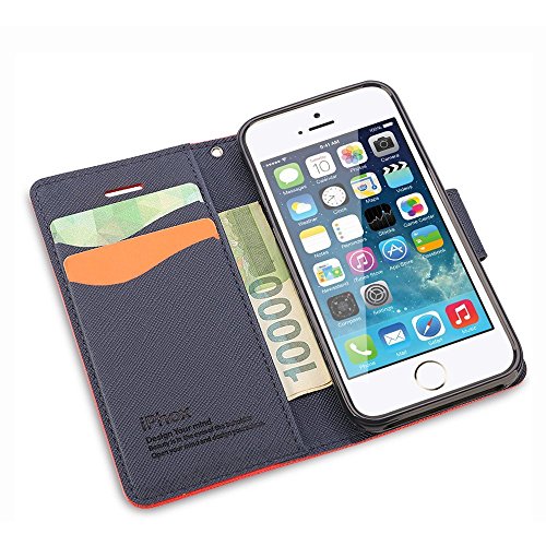 iPhone SE Case, iPhone 5S Case, IPHOX Magnetized Closure Card Slots Money Pouch, Retro Leather Wallet Case Purse Protective Cover Stand Feature Flip Book Case for iPhone 5s / 5 / SE (Red&BU/C)