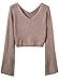 futurino Women's Solid V Neck Flare Long Sleeve Pullover Sweater Crop Top Khaki