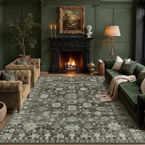 PureCozy Rugs Living Room 200x300cm Green Washable Non Slip Large Vintage Area Bedroom Rug Bedside Nursery Lounge Office Playroom Indoor Big Carpet Low Pile Carpets Retro