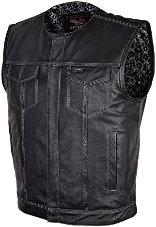 High Mileage Men's Zipper and Snap Closure Leather Club Vest with Black Paisley Lining
