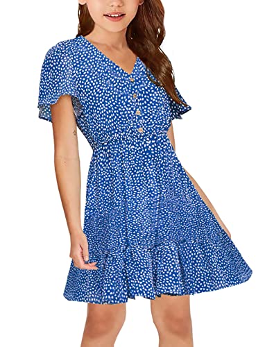 UMEKO Girls Polka Dot Print Midi Dress Button Down V Neck Short Sleeve Ruffle Casual Dresses