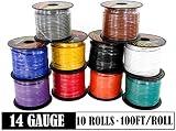14 Gauge Copper Clad Aluminum Low Voltage Primary Wire in 10 Color Pack, 100 feet Roll (1000 feet Total) for 12V Automotive Harness Car Video Stereo Wiring. Also in 4 Color Set