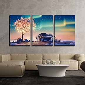 3 Piece Canvas Wall Art - Abandoned House and Fantasy Tree Lights Under Northern Lights,Illustration Painting - Modern Home Art Stretched and Framed Ready to Hang - 16"x24"x3 Panels