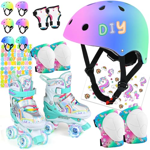 Color Gradient Kids Bike Helmet and Pads and Roller Skates for Girls 4 Size Adjustable Protective Gear Set with Elbow Knee Pads Wrist Guards Rollerskate Birthday Gift