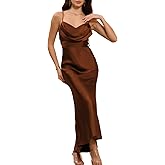 Women's Satin Spaghetti Strap Cowl Neck Backless Midi Wedding Guest Dress Ruched Sleeveless Tie Summer Dresses