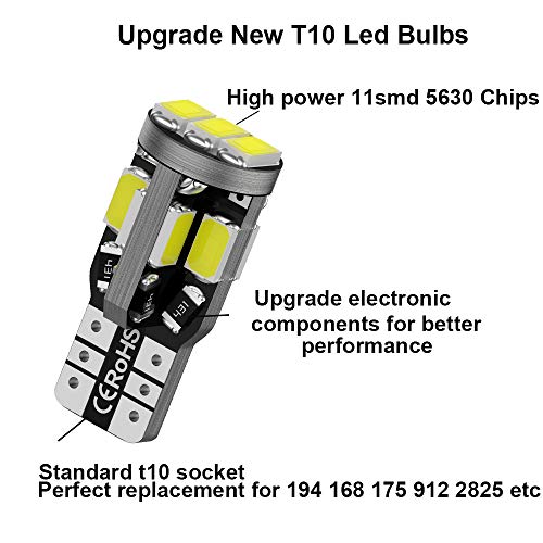 12v T10 194 Led Bulbs, 168 Led Bulbs, Bright 6500K 11SMD 5630 Chipset 2825 W5W Interior Light Led Bulbs for Vehicle Car Truck Dome Light Map Light Door Courtesy Light License Plate Light, Pack of 10