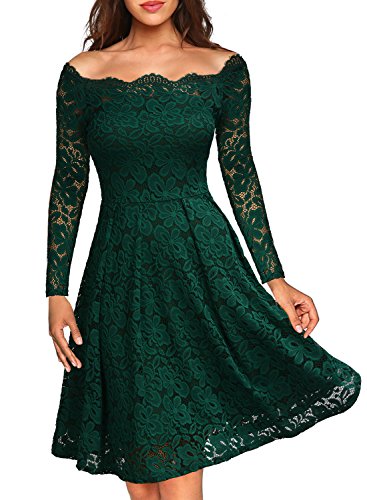 MissMay Women's Vintage Floral Lace Long Sleeve Boat Neck Cocktail Formal Swing Dress (X-Large, C-Green)