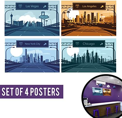 Landscapes of New York, Las Vegas, Los Angeles and Chicago for Perfect Kitchen, Bedroom or Living Room Wall Art Decoration - Set of 4 11''x17'' Posters for Home Decor, Includes Double-Adhesive Tapes