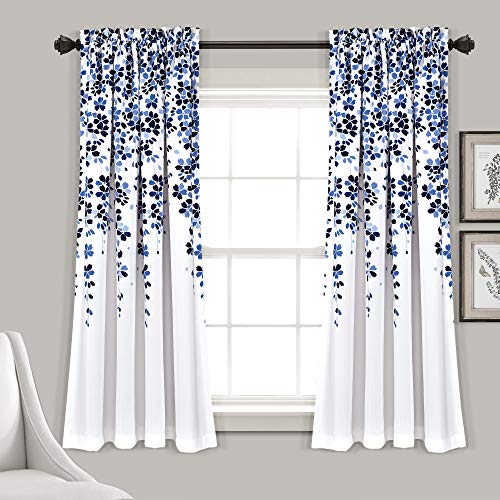Lush Decor Weeping Flower Light Filtering Window Curtain Panels, Pair, 52 W x 63 L + 2 Header, Navy & Blue - Charming Modern Floral Curtains for Living Room, Dining Room, & Bedroom