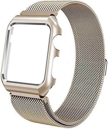 Leefrei Apple Watch Band 42mm, Milanese Loop Stainless Steel Replacement Strap with Metal Protective Case for Apple Watch Series 3 2 1 - Champagne Gold