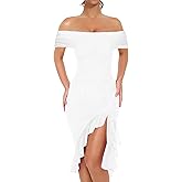 BORIFLORS Women's Sexy Off The Shoulder Bodycon Midi Dresses Elegant Ruched Ruffle Hem Cocktail Party Dress
