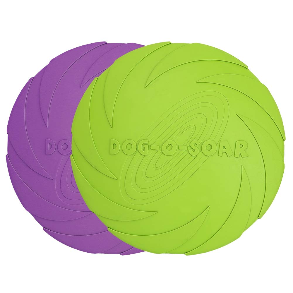 Vivifying Dog Flying Disc, 2 Pack 7 Inch Natural Rubber Floating Dog Frisby Flying Saucer for Both Land and Water (Green + Purple)